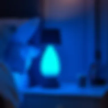 Nighttime Ambiance with a Blue Touch Lamp on Bedside Table A stylish blue touch lamp on a bedside table, enhancing nighttime ambiance.