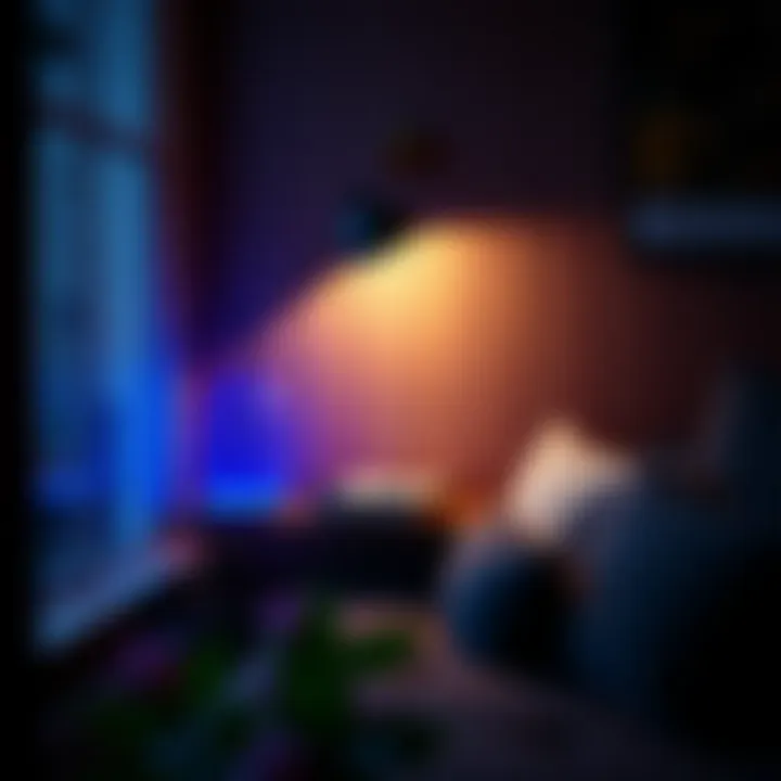 Cozy Reading Nook Enhanced by Blue Touch Lamp Blue touch lamp illuminating a cozy reading nook with style.