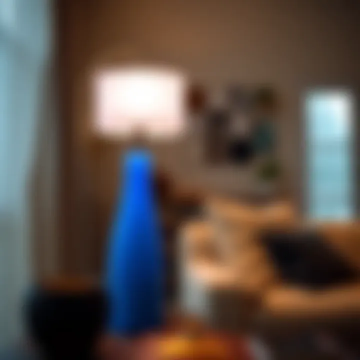 Serene Glow of a Blue Touch Lamp in Modern Decor Elegant blue touch lamp casting a serene glow in a modern living room.