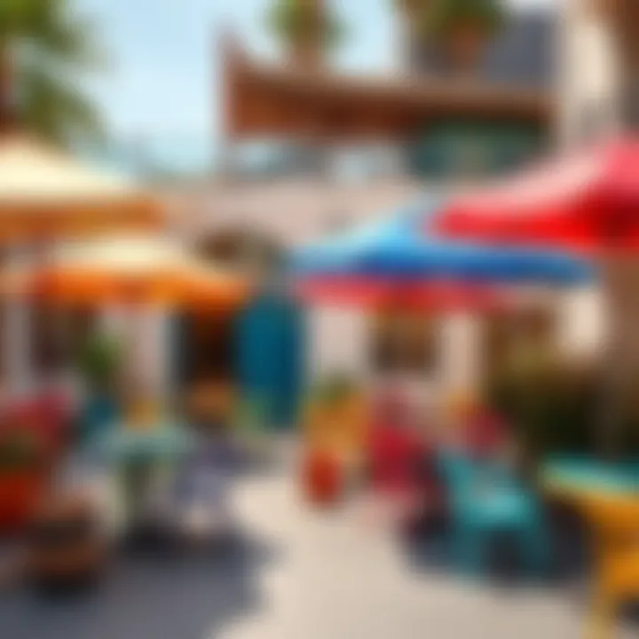 Beautifully designed outdoor space with colorful small tables and coordinating umbrellas