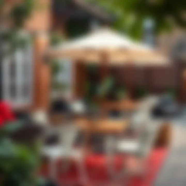 Stylish arrangement of small outdoor tables with umbrellas in a cozy patio