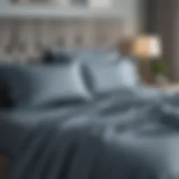 Luxurious blue grey sheets styled on a contemporary bed