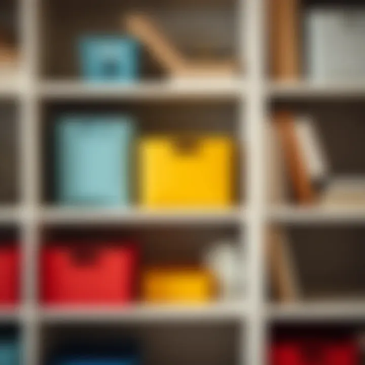 Close-Up of Organized Storage in Cube Bookcase Close-up of a cube bookcase with color-coordinated bins for organized storage