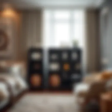 Elegant Bedroom Featuring Cube Bookcase with Bins An elegant bedroom incorporating a cube bookcase with stylish bins for personal items