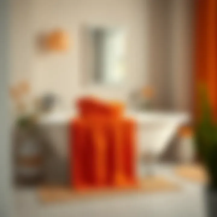 A serene bathroom scene where orange towels contribute to a calming ambiance