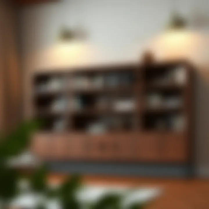 Customized long low bookcase made of reclaimed wood