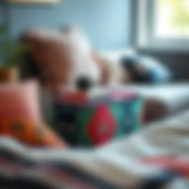 Colorful fabric storage chest used as a bedside table