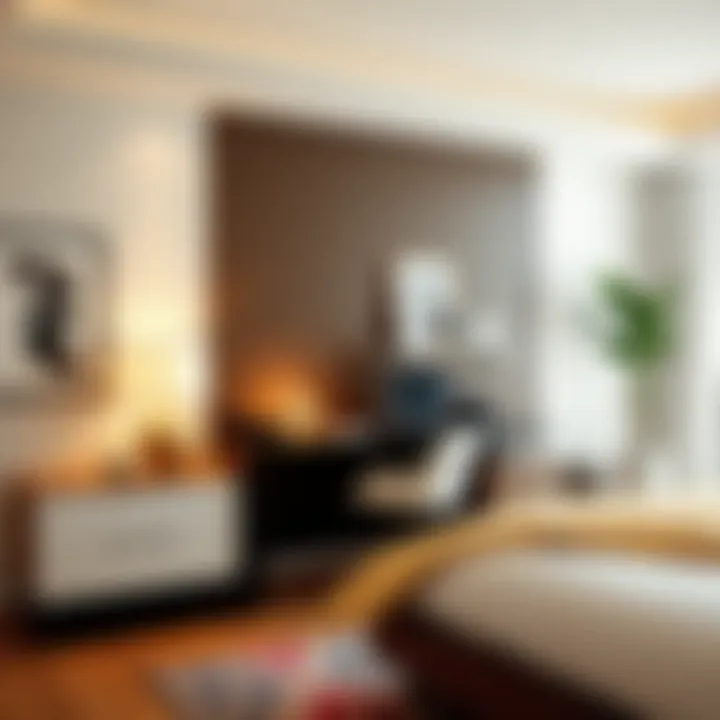 Aesthetic integration of an overbed desk within a chic bedroom environment