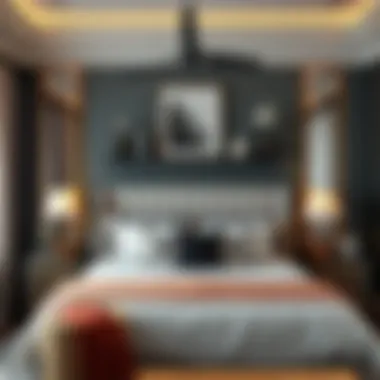 Stylish overbed desk placed above a king size bed with elegant decor