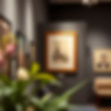 A wooden A2 frame displayed on a gallery wall with various artworks.