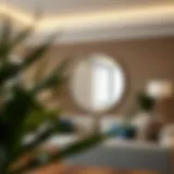 Elegant round mirror reflecting natural light in a modern living room