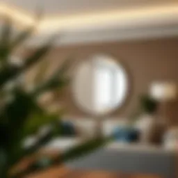 Elegant round mirror reflecting natural light in a modern living room
