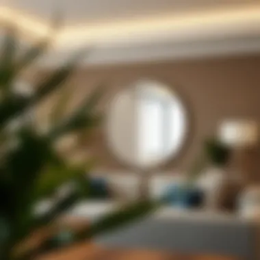 Elegant round mirror reflecting natural light in a modern living room