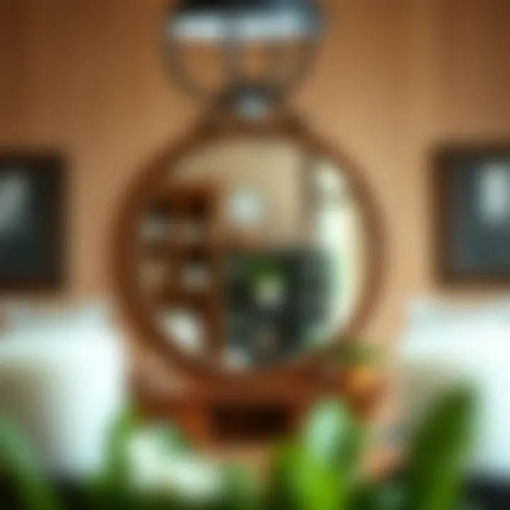 Rustic round mirror complementing a cozy farmhouse interior design