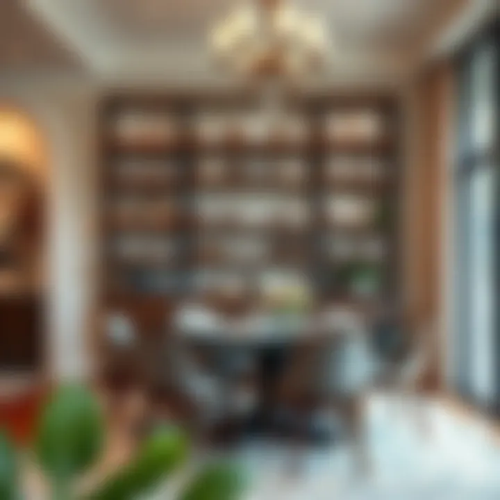 Elegant dining area showcasing high shelving for tableware display