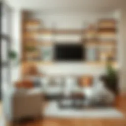 Stylish living room featuring high shelving for decorative elements