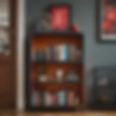 Colorful small bookshelf displaying decorative items