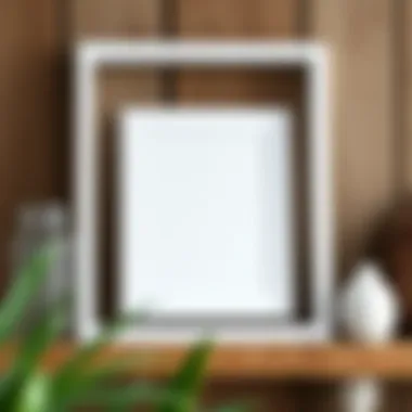 Stylish white wood frame on a rustic shelf with decor