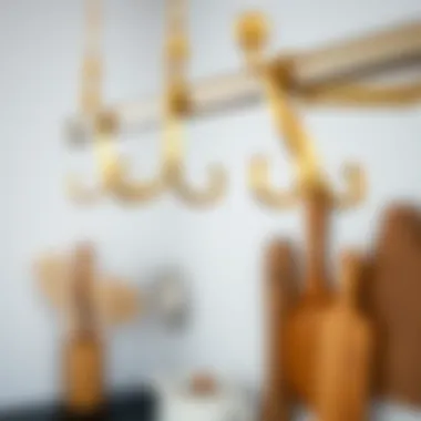Close-up of brass pot rack hooks highlighting craftsmanship