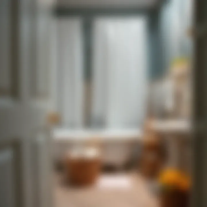 Stylish bathroom decor with a white fluffy shower curtain and accessories