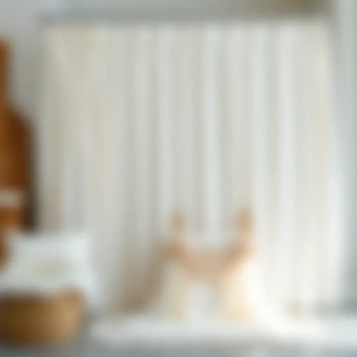 Variety of materials used for white fluffy shower curtains displayed