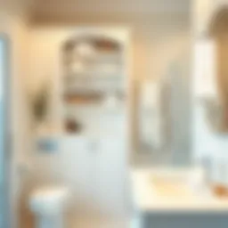 Elegant white shelving unit with integrated towel bar in a modern bathroom setting