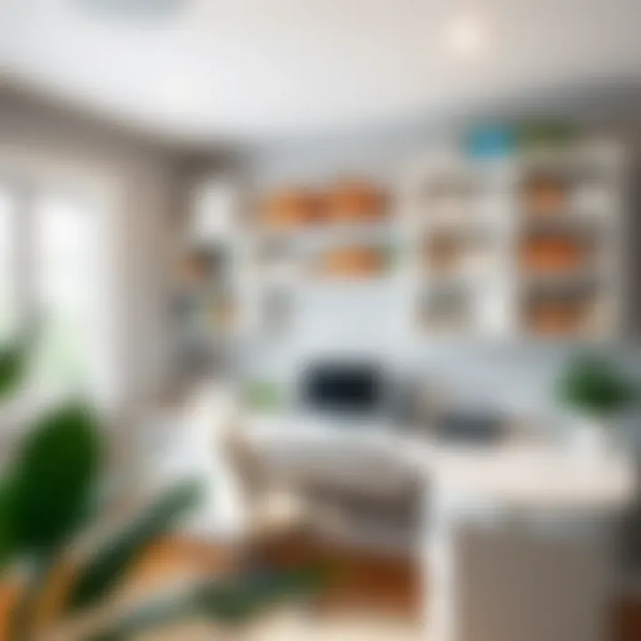 Organized Home Office with White Shelves Contemporary home office featuring white shelves with towel bars for organization