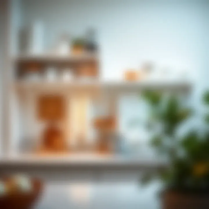 Functional White Shelves in Kitchen Stylish kitchen display featuring white shelves with towel bars holding kitchen essentials