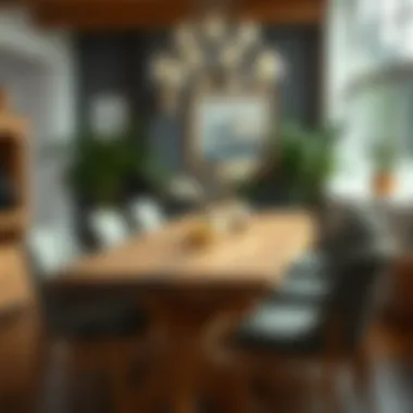 Rustic Charm Rustic wood dining table surrounded by stylish chairs in a warm atmosphere.