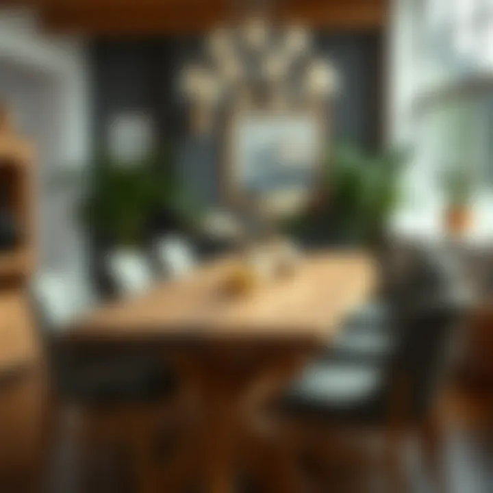 Rustic Charm Rustic wood dining table surrounded by stylish chairs in a warm atmosphere.