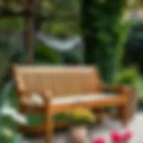Wooden Outdoor Bench in a Serene Garden Elegant wooden outdoor bench in a serene garden setting