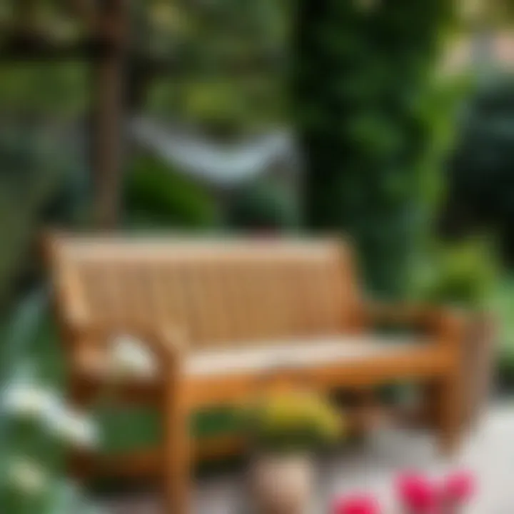 Wooden Outdoor Bench in a Serene Garden Elegant wooden outdoor bench in a serene garden setting
