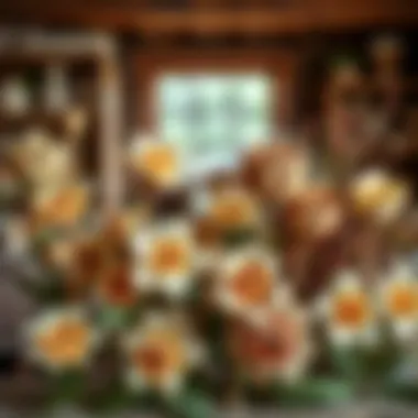 Variety of wooden flowers displayed in a rustic setting