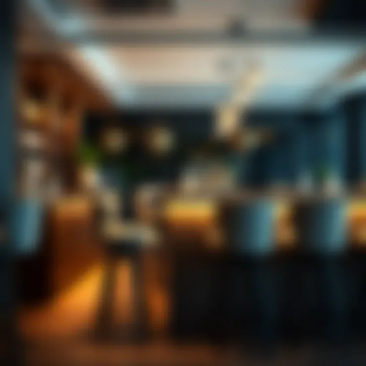 Comfortable Stools in a Contemporary Bar Comfortable fabric counter height stools arranged around a stylish bar area