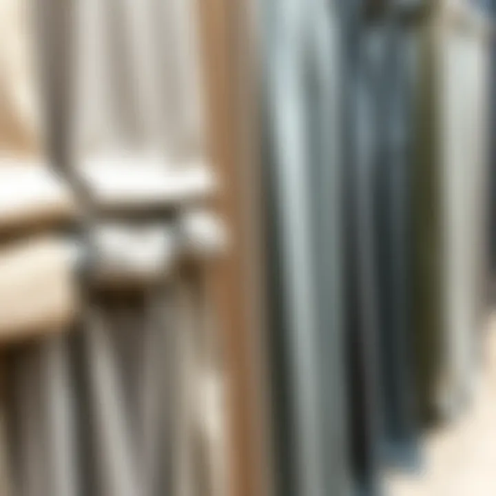 Variety of grey curtain fabrics displayed on a rack