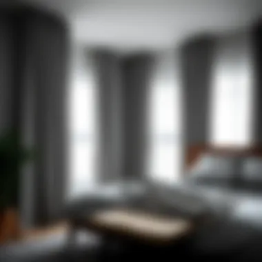 Stylish grey curtains in a cozy bedroom
