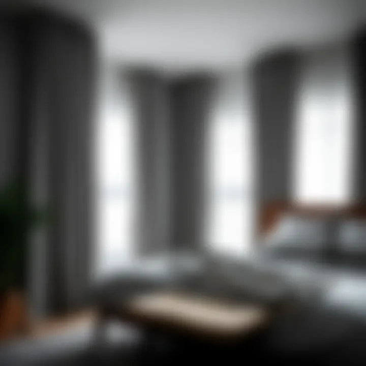 Stylish grey curtains in a cozy bedroom