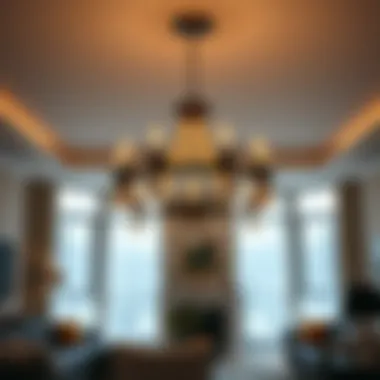 Chandelier in Living Room An example of a finished installation of a chandelier in a stylish living room.