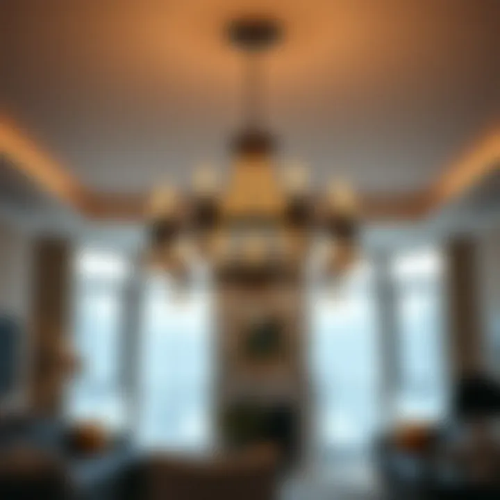 Chandelier in Living Room An example of a finished installation of a chandelier in a stylish living room.