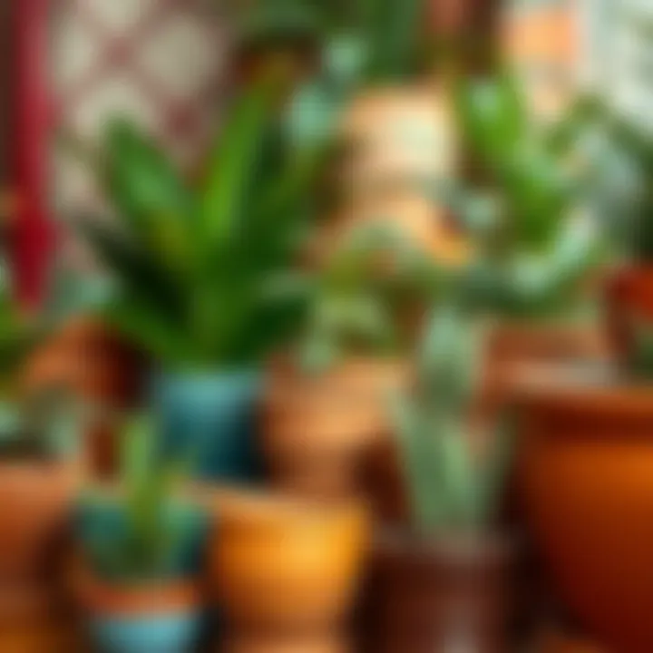 Colorful terracotta pots arranged in a vibrant indoor garden