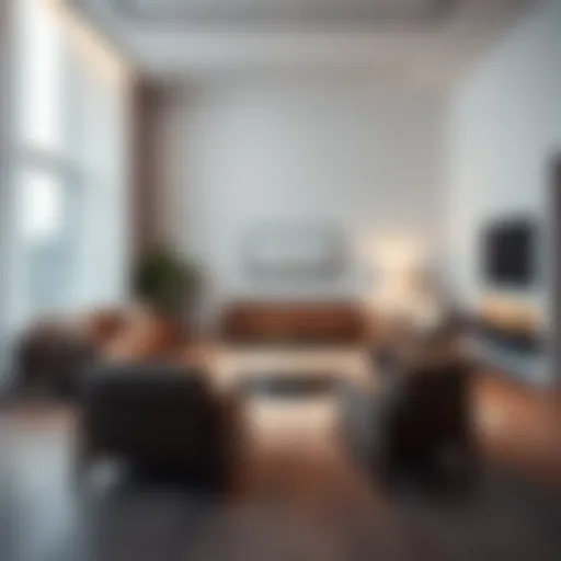 Modern minimalist living room with neutral tones and geometric furniture