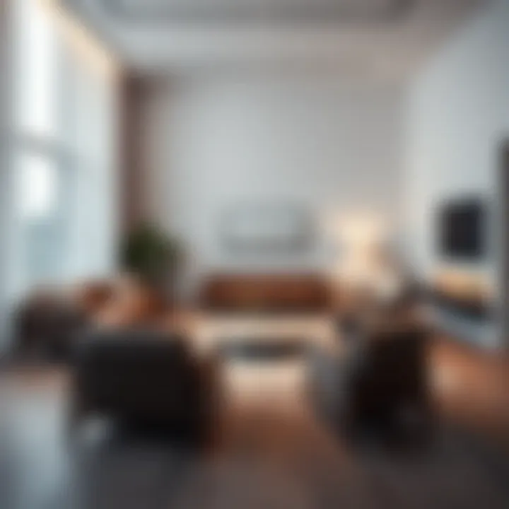 Sleek Minimalist Living Area Modern minimalist living room with neutral tones and geometric furniture