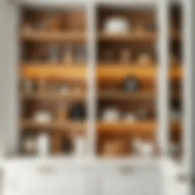 Stylish open pantry shelves displaying decorative jars