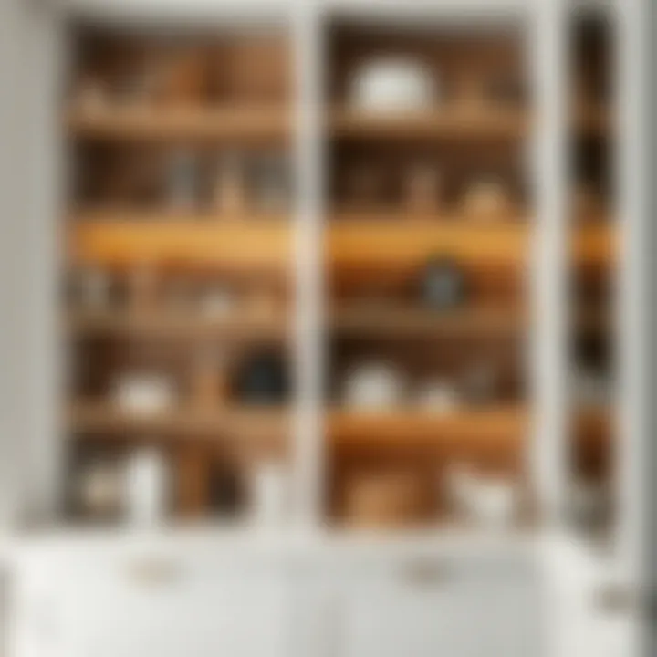 Stylish open pantry shelves displaying decorative jars