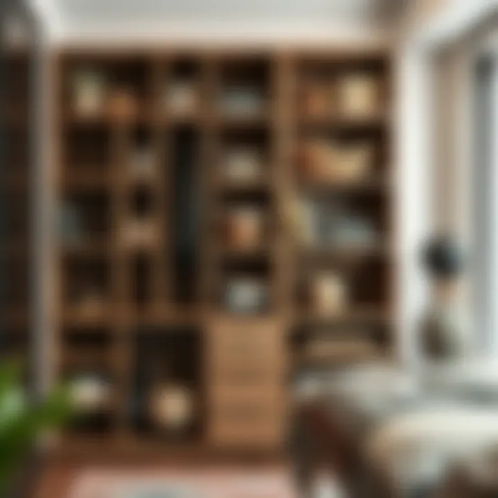 Stylish wooden closet shelving with decorative elements