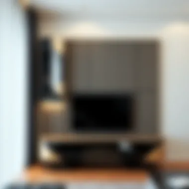 Contemporary Geometric Wall TV Unit Contemporary wall TV unit featuring geometric shapes and metallic accents