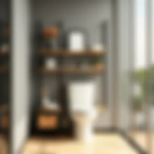 Sophisticated Shelving Design Elegant freestanding shelves over a contemporary toilet