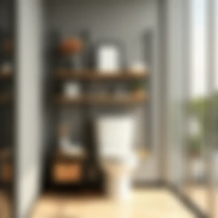 Sophisticated Shelving Design Elegant freestanding shelves over a contemporary toilet