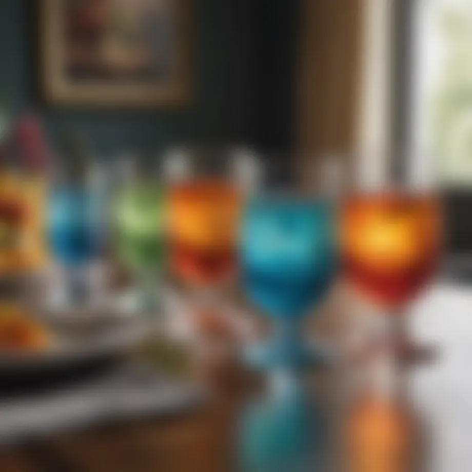 A collection of vibrant multi-colored water glasses arranged aesthetically on a dining table.