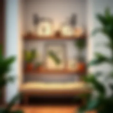 Chic 43 inch wall shelf with plants and art in a cozy reading nook